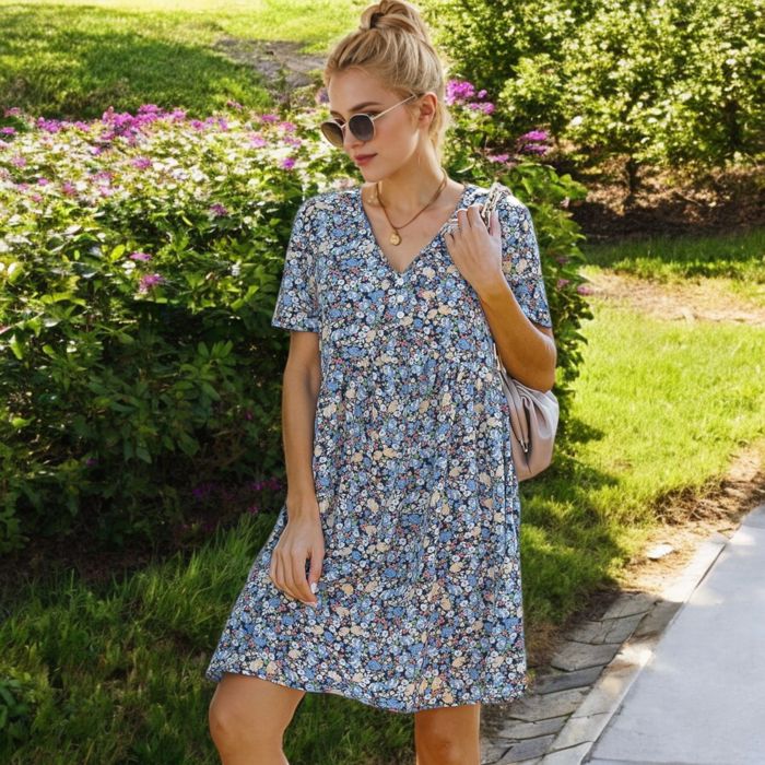 Short Sleeve V-Neck Floral Print Swing Dress with Relaxed Fit