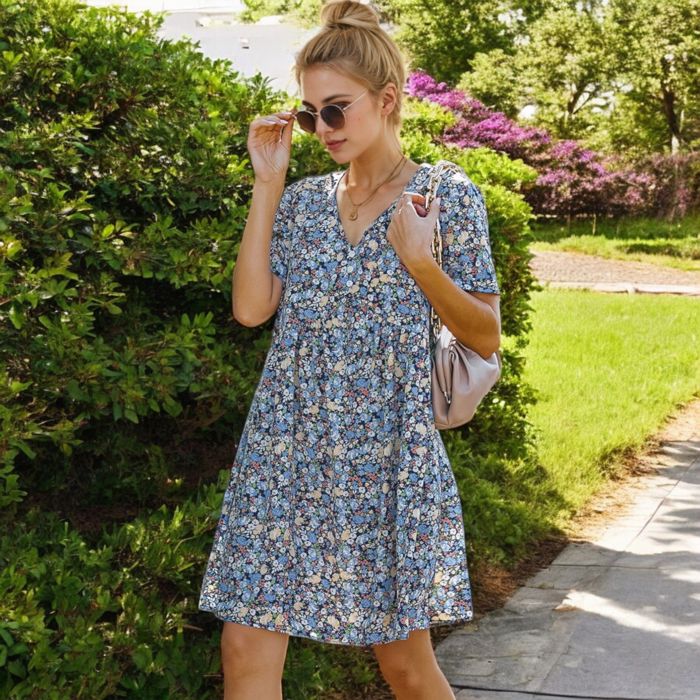 Short Sleeve V-Neck Floral Print Swing Dress with Relaxed Fit