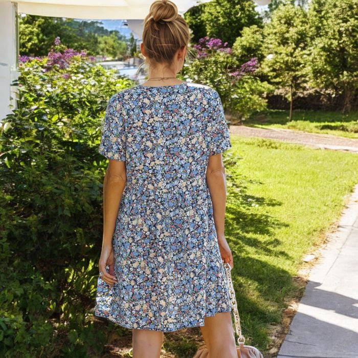 Short Sleeve V-Neck Floral Print Swing Dress with Relaxed Fit