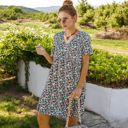 Pink Large Short Sleeve V-Neck Floral Print Swing Dress with Relaxed Fit