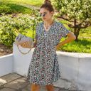 Pink Large Short Sleeve V-Neck Floral Print Swing Dress with Relaxed Fit