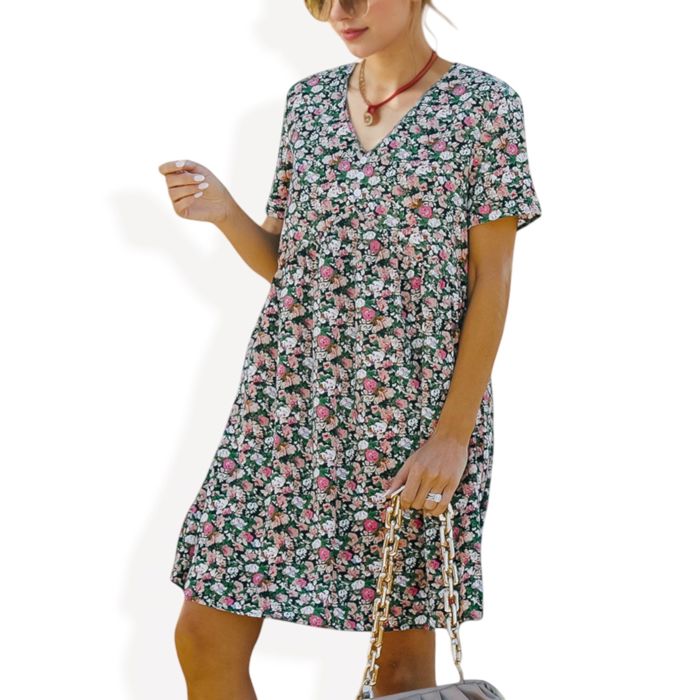 Short Sleeve V-Neck Floral Print Swing Dress with Relaxed Fit