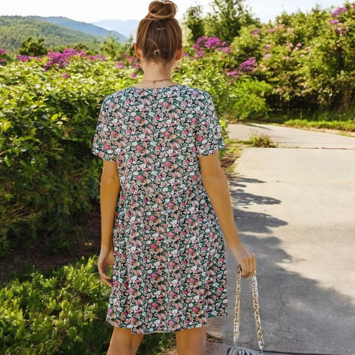 Short Sleeve V-Neck Floral Print Swing Dress with Relaxed Fit