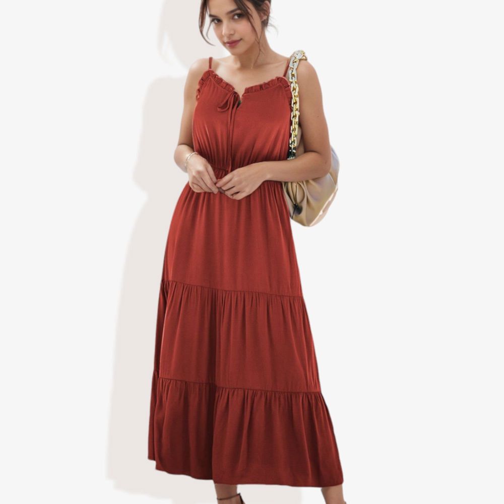 Spaghetti Strap Maxi Dress with Lace Trim and Tiered Skirt