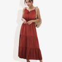  Spaghetti Strap Maxi Dress with Lace Trim and Tiered Skirt