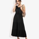 Black Large Spaghetti Strap Maxi Dress with Lace Trim and Tiered Skirt