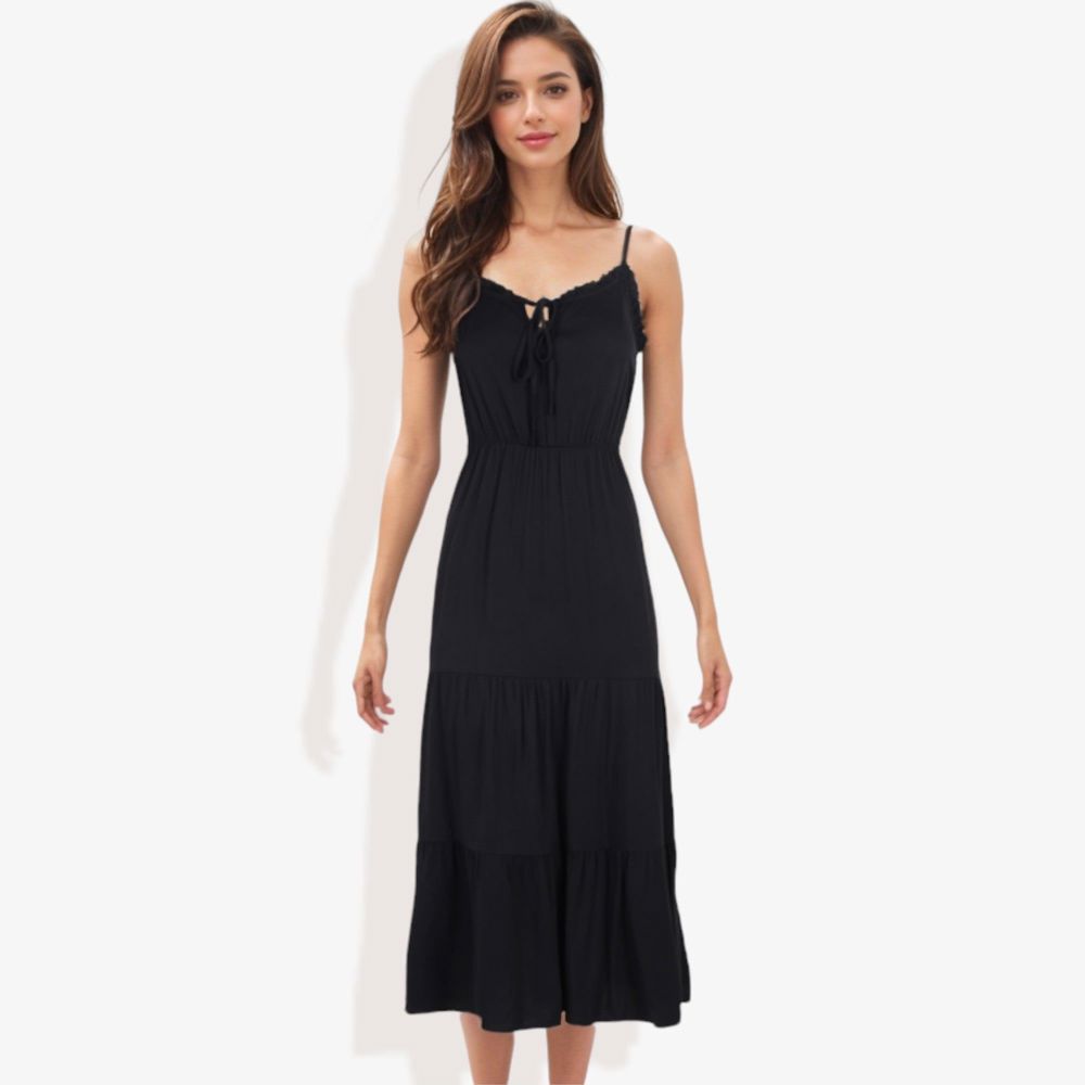 Spaghetti Strap Maxi Dress with Lace Trim and Tiered Skirt