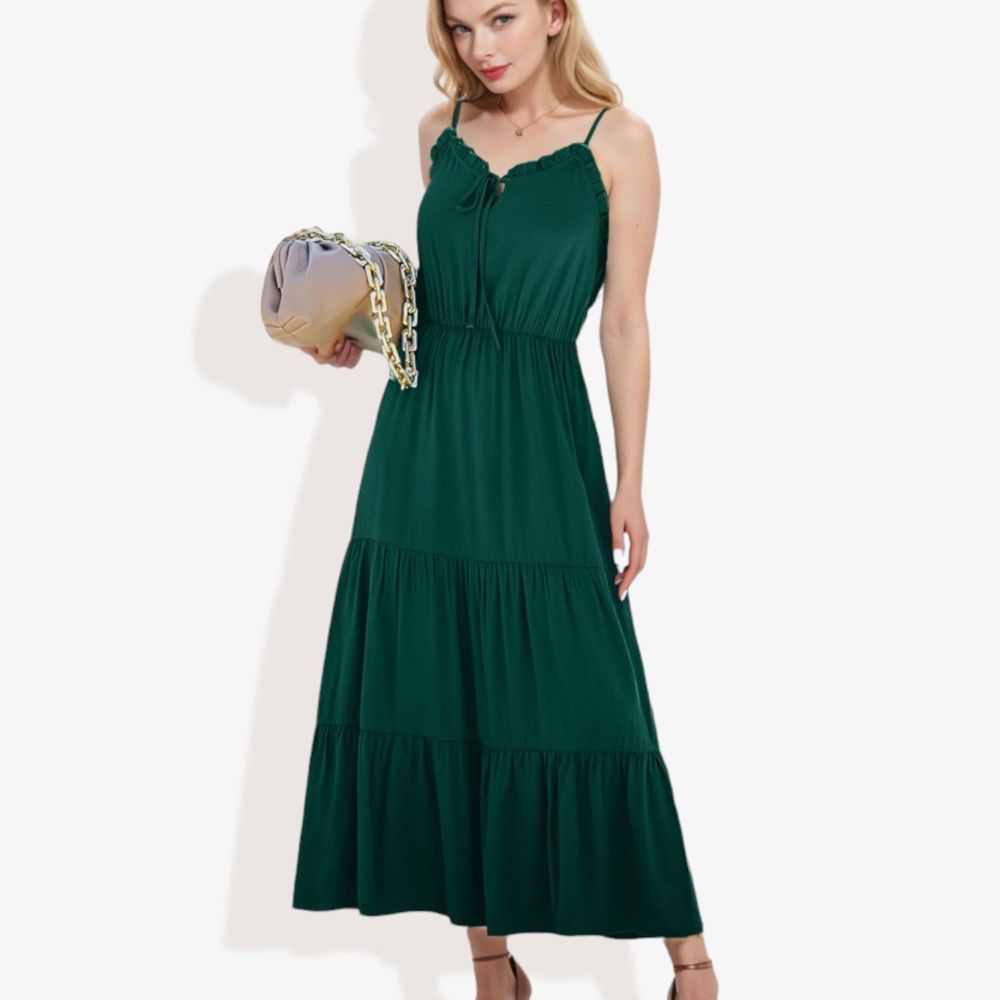 Spaghetti Strap Maxi Dress with Lace Trim and Tiered Skirt