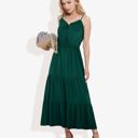 Green Large Spaghetti Strap Maxi Dress with Lace Trim and Tiered Skirt