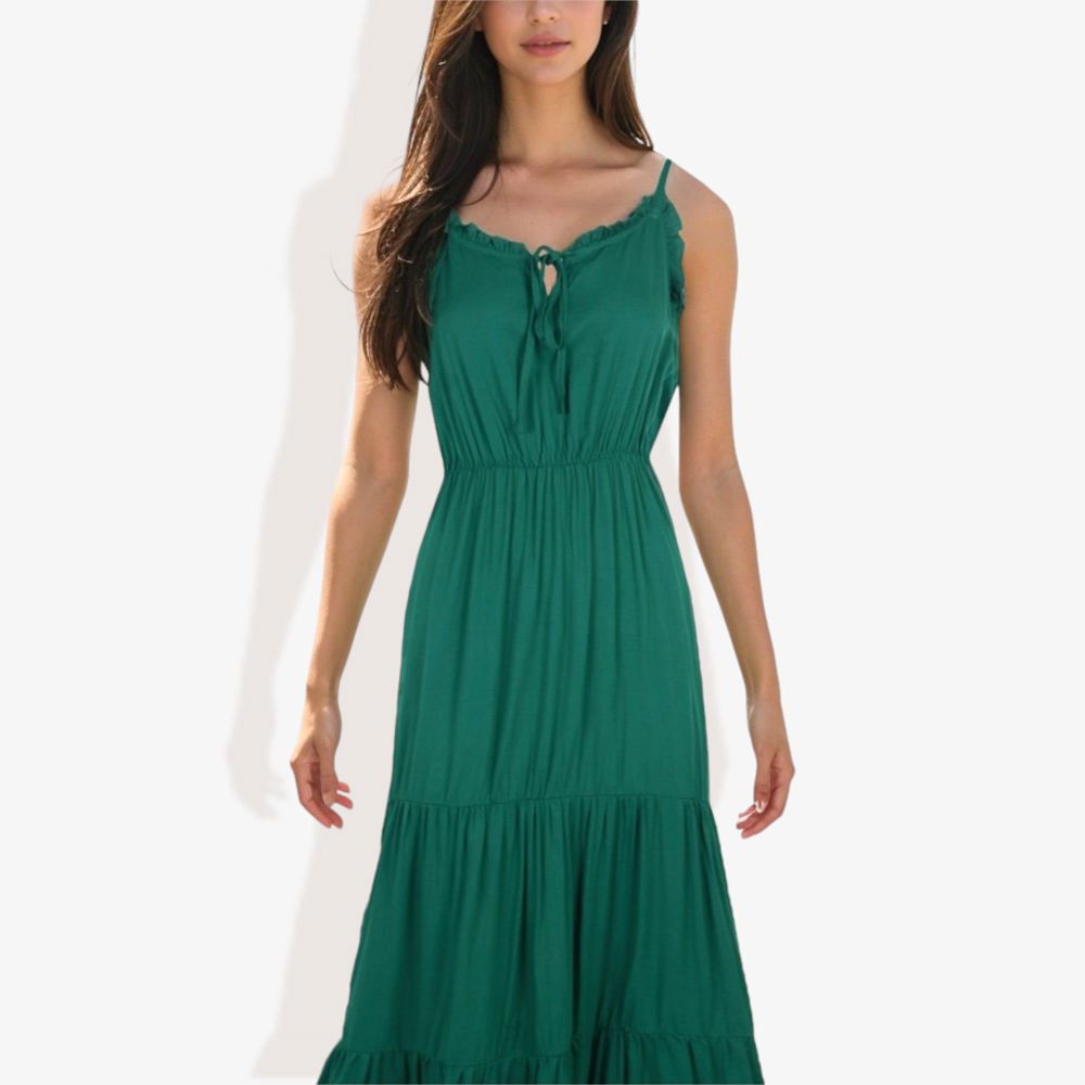 Spaghetti Strap Maxi Dress with Lace Trim and Tiered Skirt