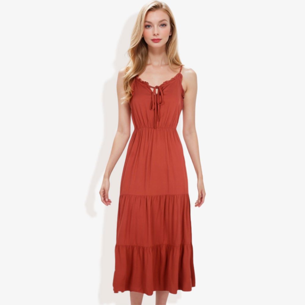 Spaghetti Strap Maxi Dress with Lace Trim and Tiered Skirt