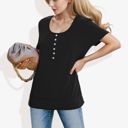 Black Large Summer Solid Color Round Neck Decorative Button Short Sleeve Shirt Tops