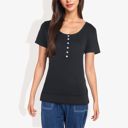 Black Large Summer Solid Color Round Neck Decorative Button Short Sleeve Shirt Tops