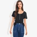 Black Small Summer Solid Color Round Neck Decorative Button Short Sleeve Shirt Tops