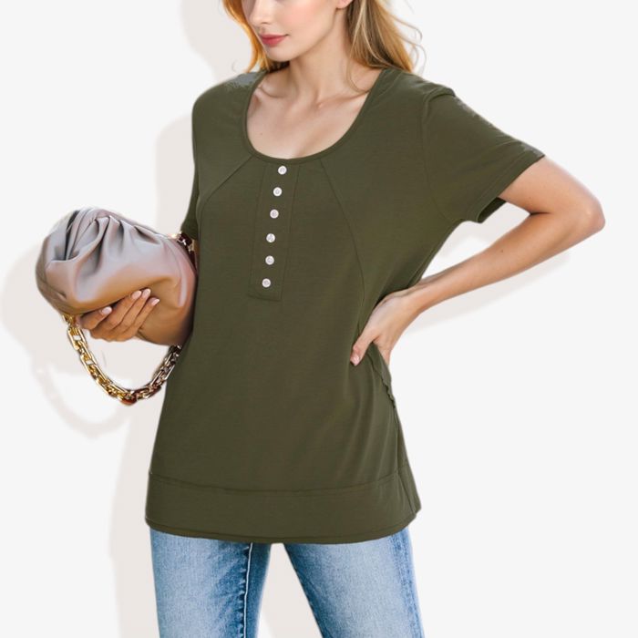 Summer Solid Color Round Neck Decorative Button Short Sleeve Shirt Tops