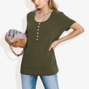 Green XL Summer Solid Color Round Neck Decorative Button Short Sleeve Shirt Tops