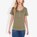 Green XL Summer Solid Color Round Neck Decorative Button Short Sleeve Shirt Tops