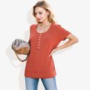 Red XL Summer Solid Color Round Neck Decorative Button Short Sleeve Shirt Tops