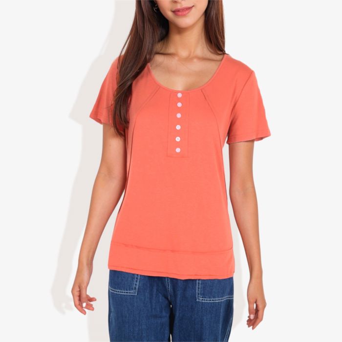 Summer Solid Color Round Neck Decorative Button Short Sleeve Shirt Tops