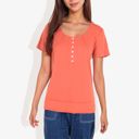 Red XL Summer Solid Color Round Neck Decorative Button Short Sleeve Shirt Tops