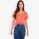 Red XL Summer Solid Color Round Neck Decorative Button Short Sleeve Shirt Tops