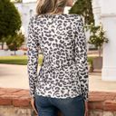 Beige Large Long Sleeve Henley Leopard Print Top with Scoop Neck