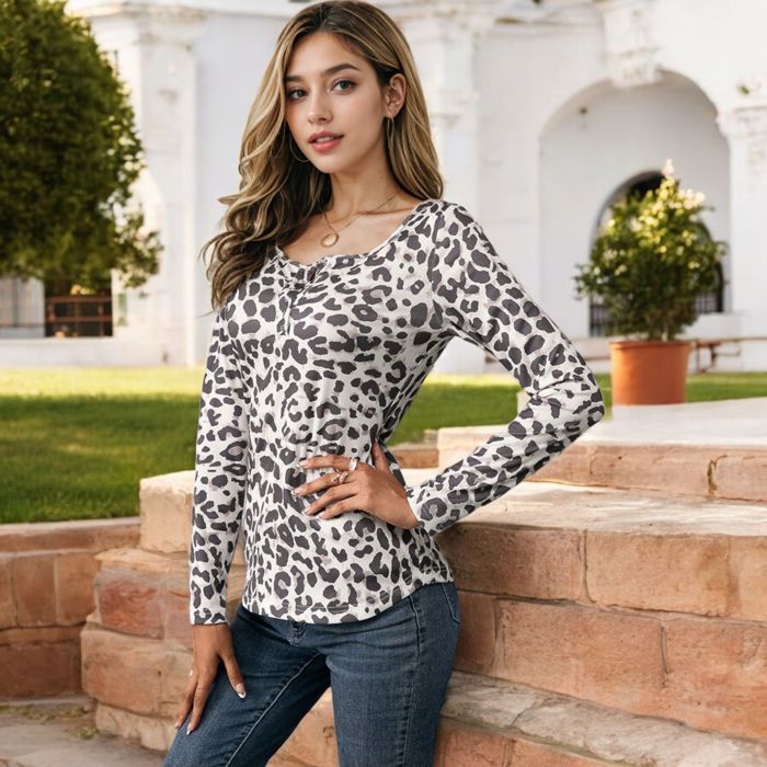 Long Sleeve Henley Leopard Print Top with Scoop Neck