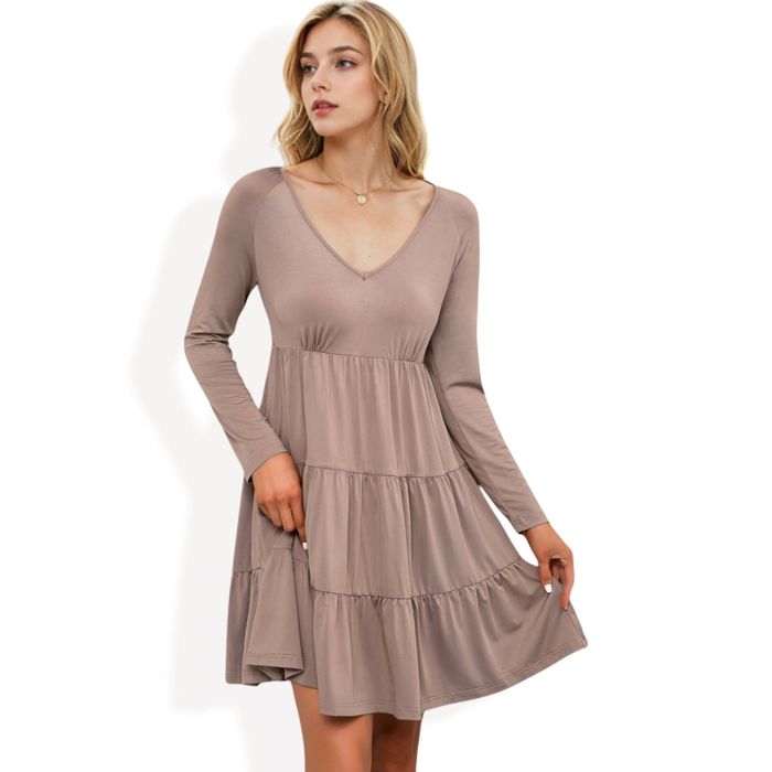 Long Sleeve Tiered Mini Dress with V-Neckline