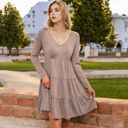 Brown Large Long Sleeve Tiered Mini Dress with V-Neckline