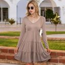 Brown Large Long Sleeve Tiered Mini Dress with V-Neckline