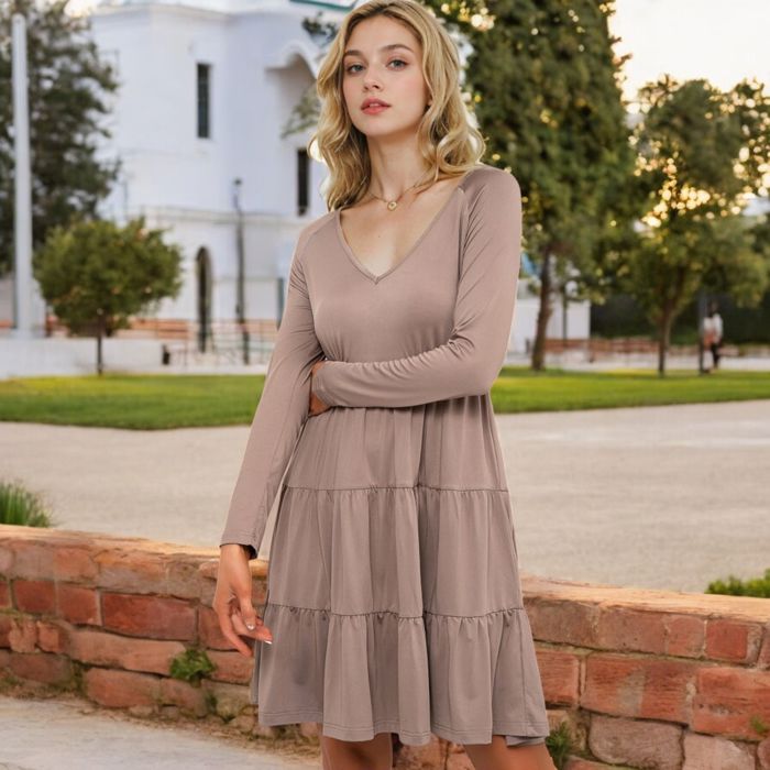 Long Sleeve Tiered Mini Dress with V-Neckline