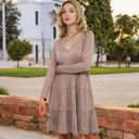 Brown Large Long Sleeve Tiered Mini Dress with V-Neckline