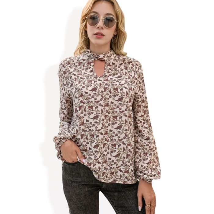 Long Sleeve Floral Print Blouse with Keyhole Neckline