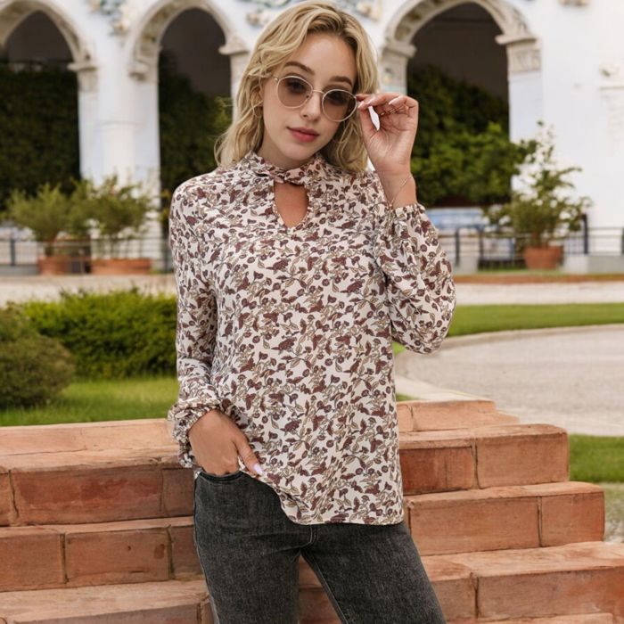 Long Sleeve Floral Print Blouse with Keyhole Neckline