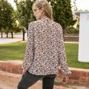 Beige Large Long Sleeve Floral Print Blouse with Keyhole Neckline