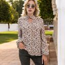 Beige Medium Long Sleeve Floral Print Blouse with Keyhole Neckline