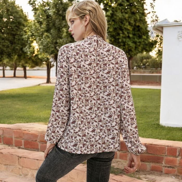 Long Sleeve Floral Print Blouse with Keyhole Neckline