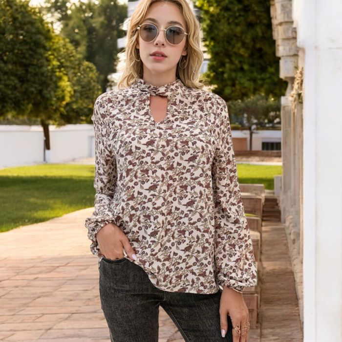 Long Sleeve Floral Print Blouse with Keyhole Neckline