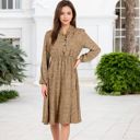  Long Sleeve Collared Button-Down Midi Dress with Elastic Waist