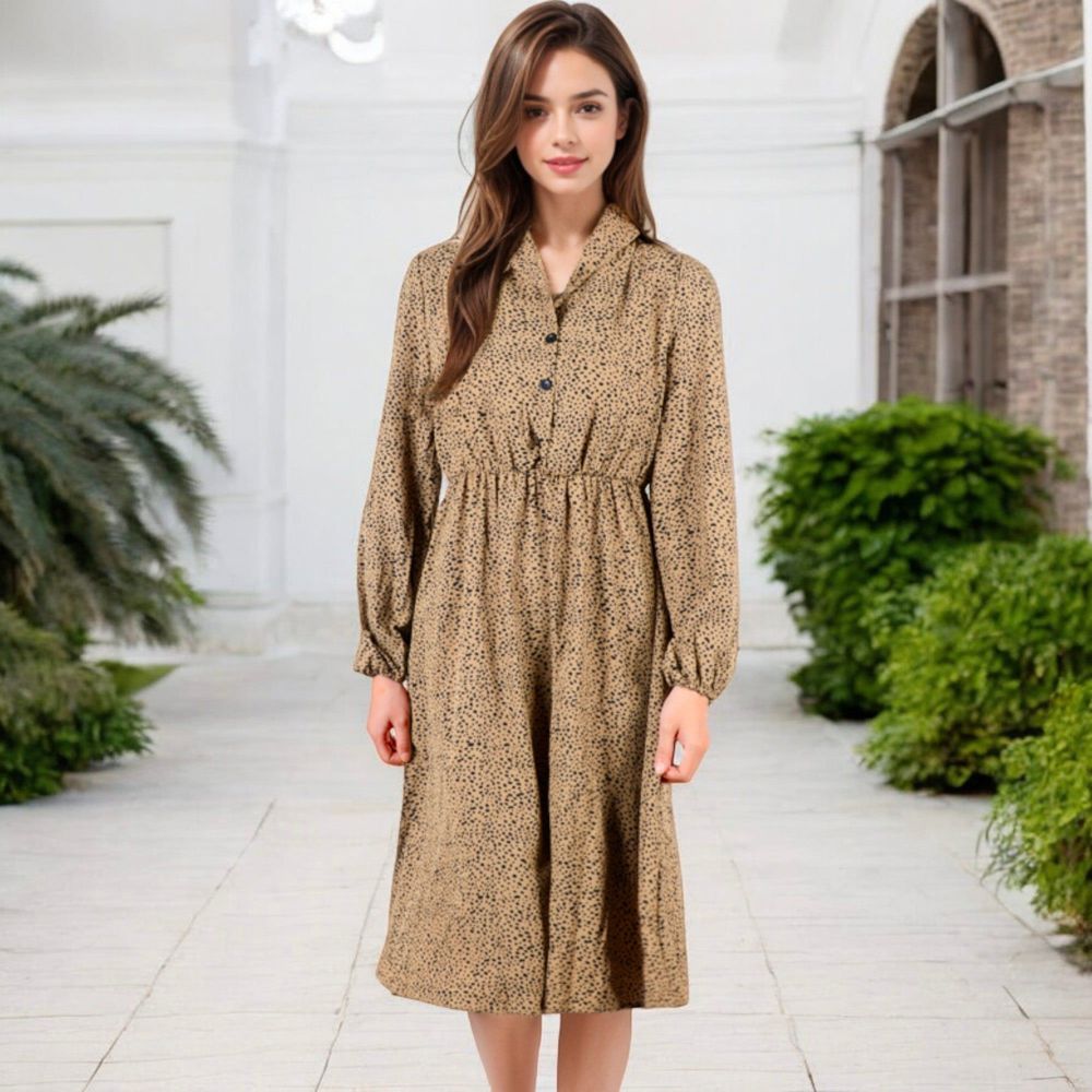 Long Sleeve Collared Button-Down Midi Dress with Elastic Waist