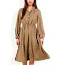 Brown Large Long Sleeve Collared Button-Down Midi Dress with Elastic Waist