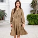 Brown Medium Long Sleeve Collared Button-Down Midi Dress with Elastic Waist