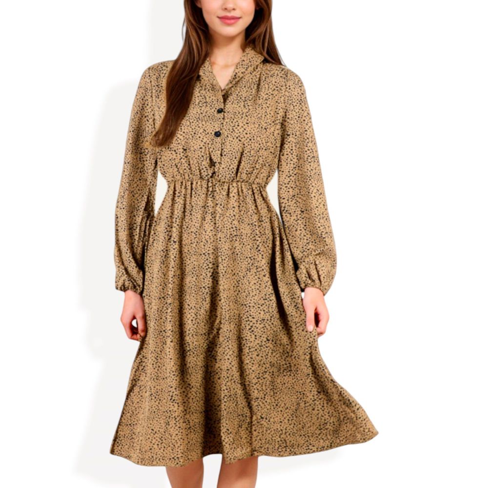 Long Sleeve Collared Button-Down Midi Dress with Elastic Waist