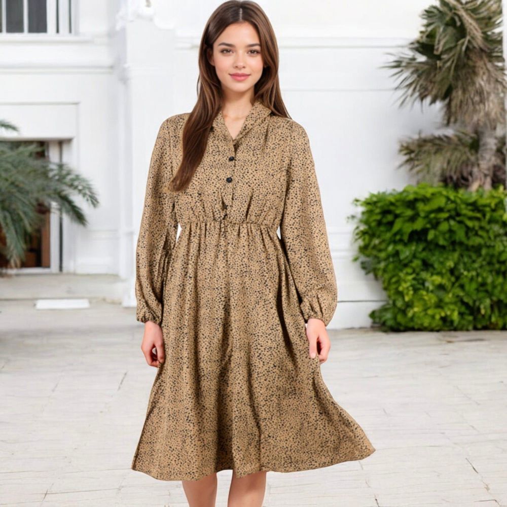 Long Sleeve Collared Button-Down Midi Dress with Elastic Waist