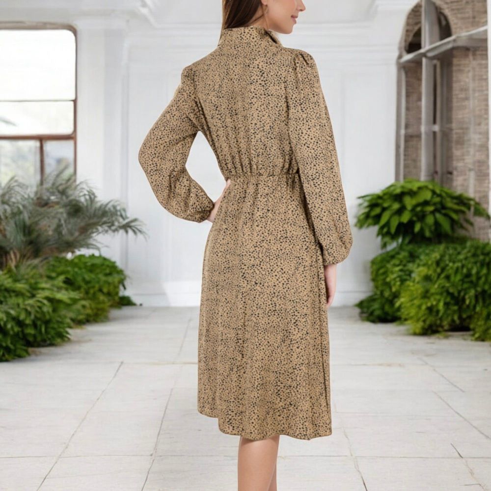 Long Sleeve Collared Button-Down Midi Dress with Elastic Waist