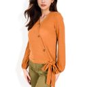 Brown Large Ribbed Wrap Top with Side Tie and Button Details