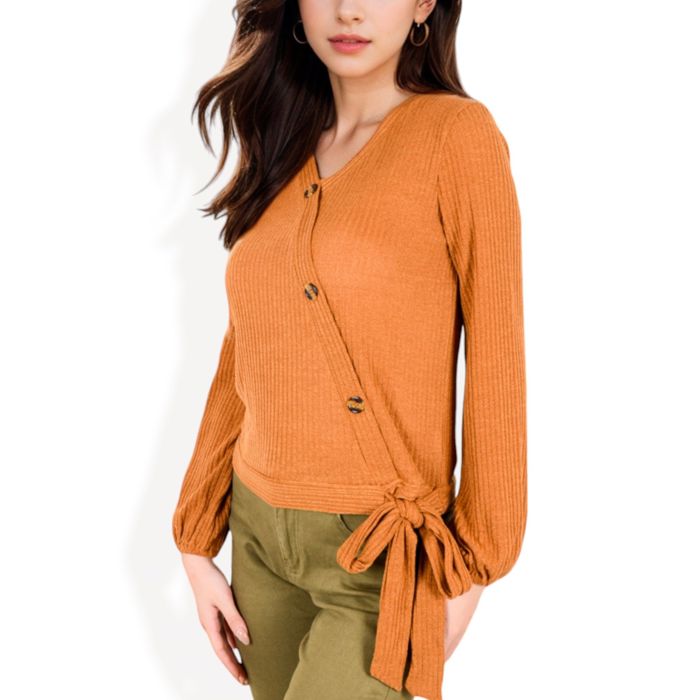 Ribbed Wrap Top with Side Tie and Button Details