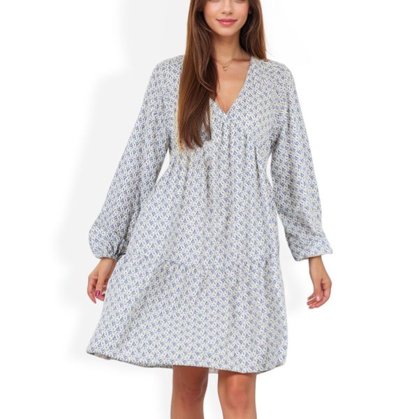 Long Sleeve V-Neck Boho Print Dress with Gathered Waist and Relaxed Fit