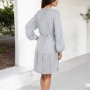  Long Sleeve V-Neck Boho Print Dress with Gathered Waist and Relaxed Fit