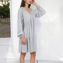  Long Sleeve V-Neck Boho Print Dress with Gathered Waist and Relaxed Fit